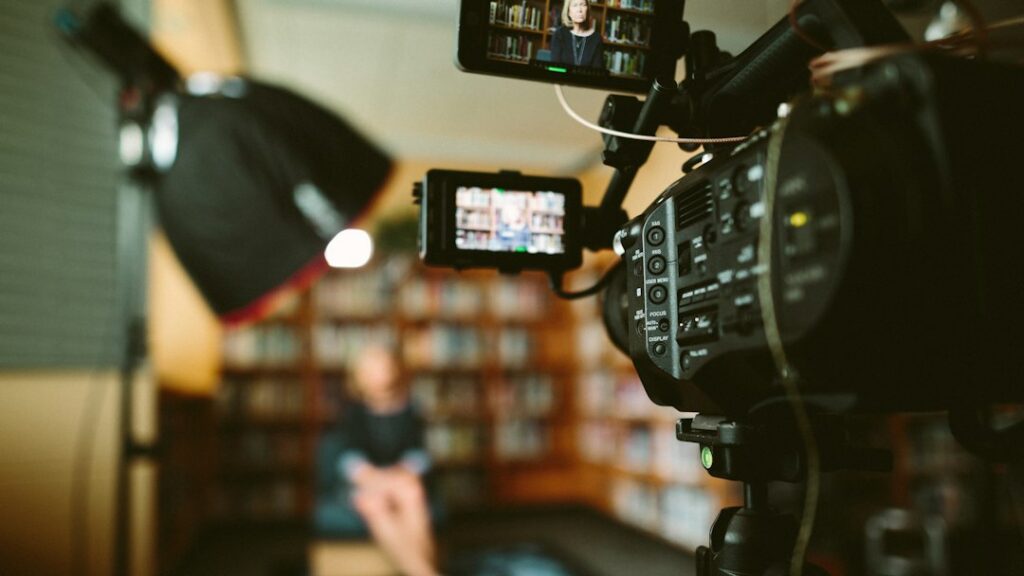Professional camera prepared for an interview