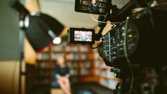 Professional camera prepared for an interview